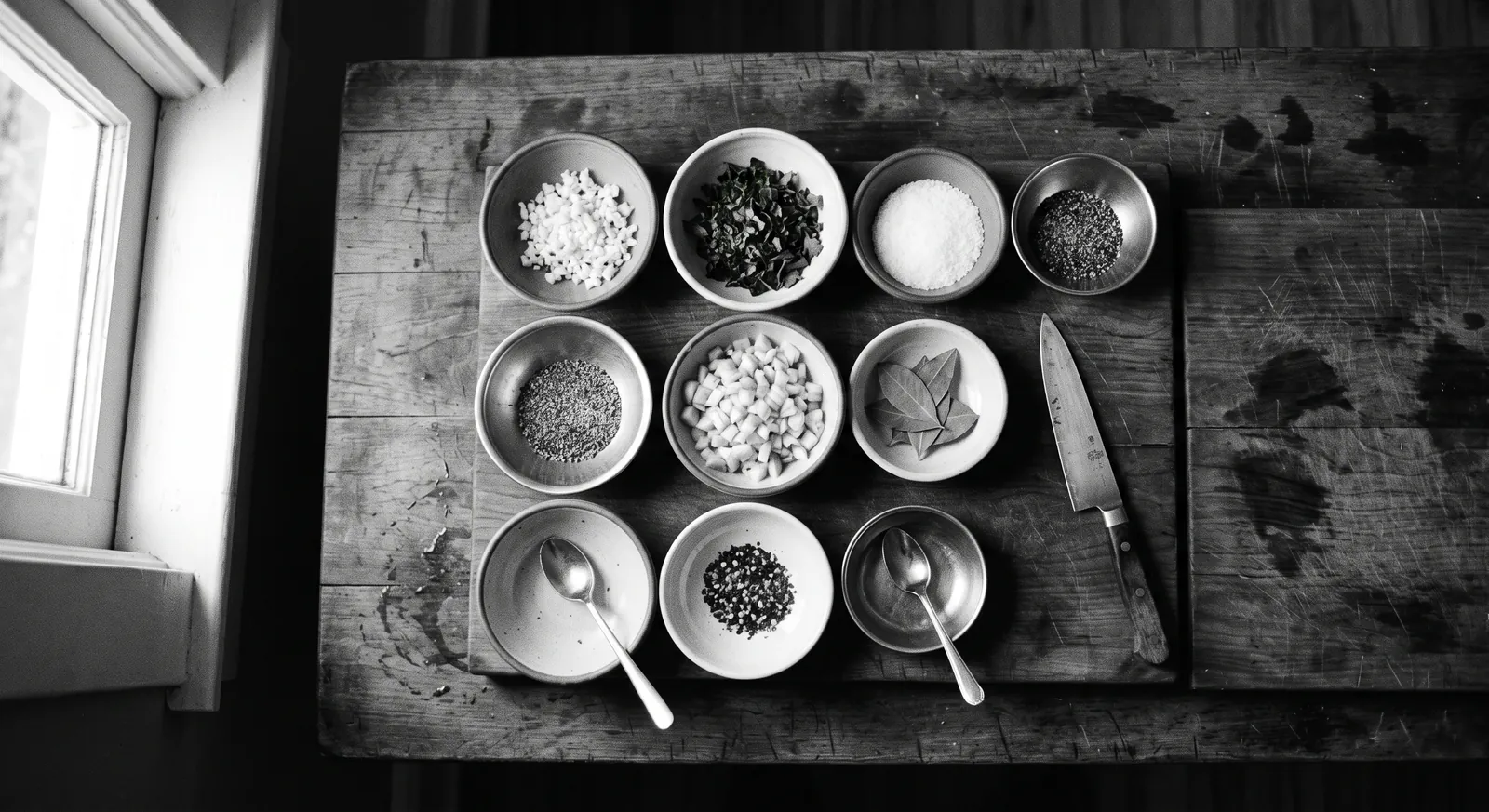 An ordered mise en place of prep bowls
