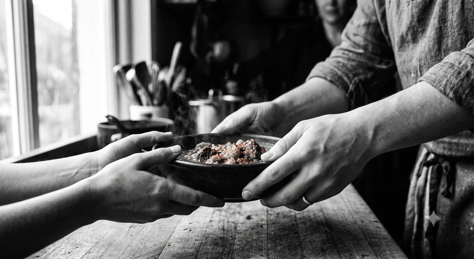 Hands passing a prepared dish across a table